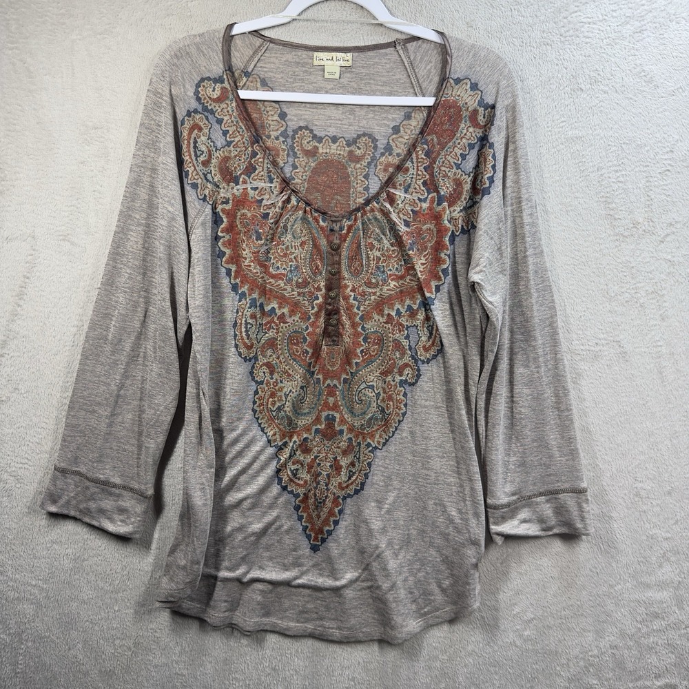 Live and Let Live Scoop Neck Henley Shirt Women's L Paisley Bohemian Casual